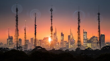 Fototapeta premium Communication Towers Emit Signals Against a Vibrant Skyline at Sunset in a Modern Urban Setting