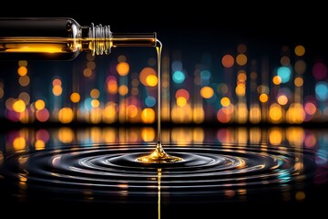 Golden liquid pouring into rippling water, bokeh city lights background