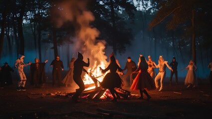 Costume party by the bonfire under the night sky showcasing a group of people in different costumes around the campfire