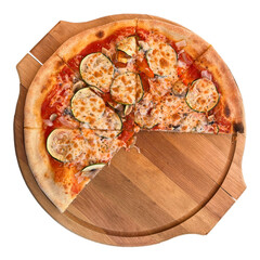 Vegetarian pizza with zucchini on a wooden board. Part. Оn white background.