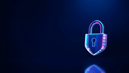 A glowing, futuristic padlock and shield illuminated against a dark blue background.