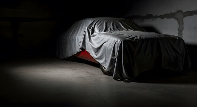 A classic car covered with a grey sheet in a dark garage setting with spot lighting illuminating the vehicle. Concrete walls and floor complete the scene