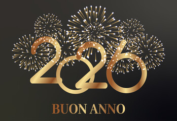 biglietto o striscione per augurare un felice anno nuovo 2026 in oro con un fuoco d'artificio dorato su uno sfondo nero dietro