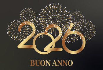 biglietto o striscione per augurare un felice anno nuovo 2026 in oro con un fuoco d'artificio dorato su uno sfondo nero dietro