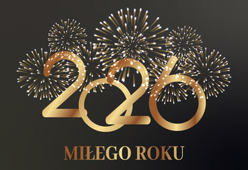 kartka lub baner z życzeniami szczęśliwego Nowego Roku 2026 w kolorze złotym ze złotym fajerwerkiem na czarnym tle w tle