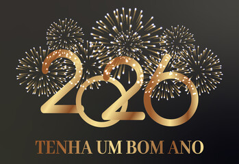 cartão ou banner para desejar um feliz ano novo 2026 em dourado com um fogo de artifício dourado sobre um fundo preto atrás dele