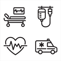 Medical Line Icons &ndash; Ambulance, Heartbeat, IV Drip, Hospital Bed Vector Set