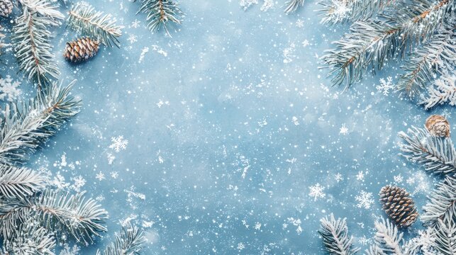 A snowy winter scene with pine branches and pine cones on a blue background.