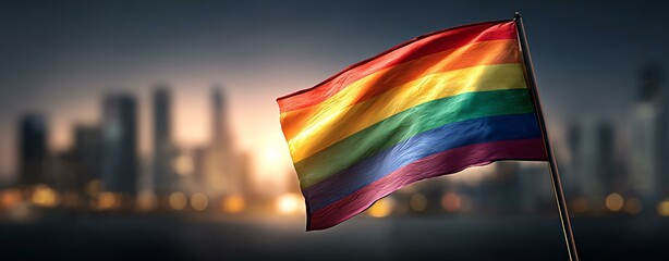 A vibrant rainbow flag waving against a city skyline backdrop. The colors represent diversity, inclusivity, and pride in the LGBTQ+ community.