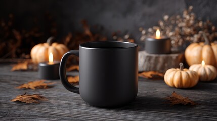 halloween ceramic mug mockup on black wooden table, glowing candlelight, small pumpkins and dry leaves around