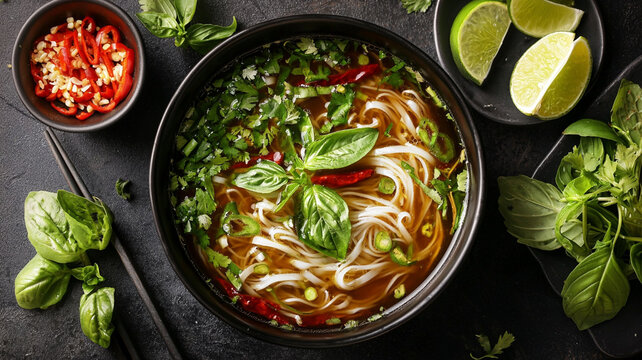 Vietnamese Pho with Herbs, Lime, and Chili