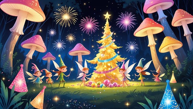 Whimsical fairy gathering around a glowing Christmas tree, with magical mushrooms and festive fireworks in a dreamy landscape.