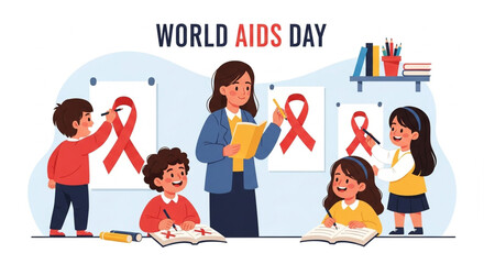 "A symbolic image representing AIDS awareness with red ribbons, medical icons, and hopeful imagery to promote education and compassion."


