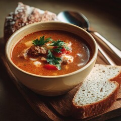 Delicious hot bowls of tomato and vegetable soup with bread, some featuring meat or fresh basil, perfect for a healthy meal