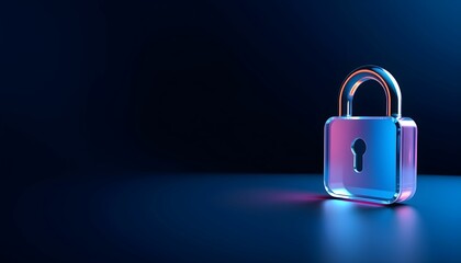 A glowing, 3D rendered padlock, illuminated by vibrant neon lights.