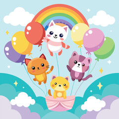 Adorable Tiny Kittens and Puppies Soaring on Colorful Balloons A Whimsical Illustration