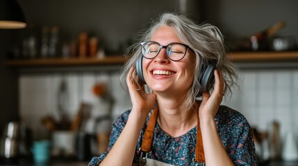 Happy woman wearing wireless headphones and listening to music in kitchen