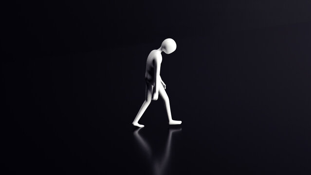 3D Rendered Figure Walking Alone on Dark Reflective Surface Minimalist Design Evoking Solitude, Introspection, and Emotional Expression Through Contemplative Posture and Movement
