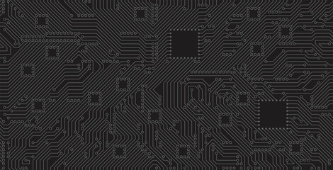 Seamless motherboard technology pattern on black background.