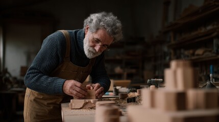 Mature caucasian male woodworker crafting in workshop