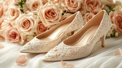 Elegant ivory wedding shoes with delicate lace detailing, set against a backdrop of peach roses and flowing fabric