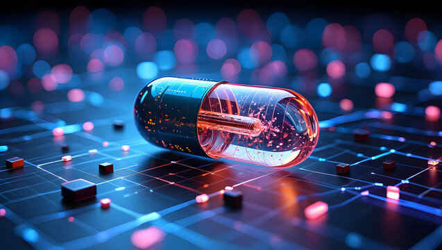Digital pharmaceutical capsule on a circuit board representing biotechnology and smart medicine for advanced healthcare solutions