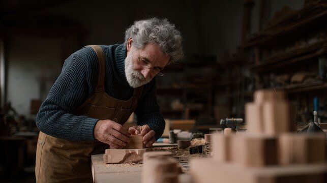 Mature caucasian male woodworker crafting in workshop