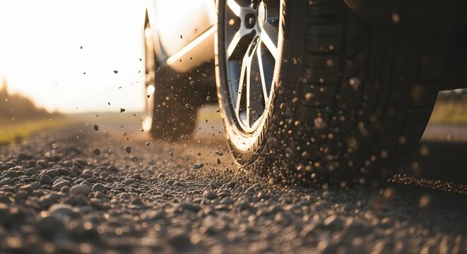 Close up of a car wheel on a gravel road with dirt and small rocks spraying into the air. Sunlight illuminates the scene, emphasizing the motion and texture.