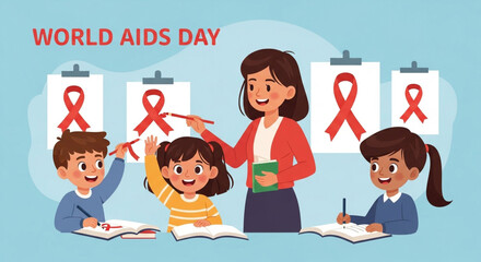 "A symbolic image representing AIDS awareness with red ribbons, medical icons, and hopeful imagery to promote education and compassion."

