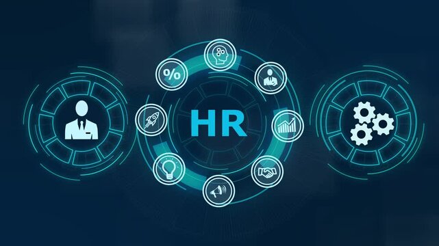 Business, Technology, Internet and network concept. Human Resources HR management concept. Abstract technology symbols on a blue background - Powered by Adobe