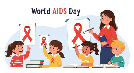 "A symbolic image representing AIDS awareness with red ribbons, medical icons, and hopeful imagery to promote education and compassion."

