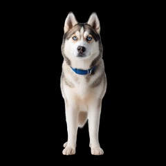 Majestic Siberian Husky with Blue Eyes Standing Against a Black Background, Captivating Canine Portrait Ideal for Pet Lovers