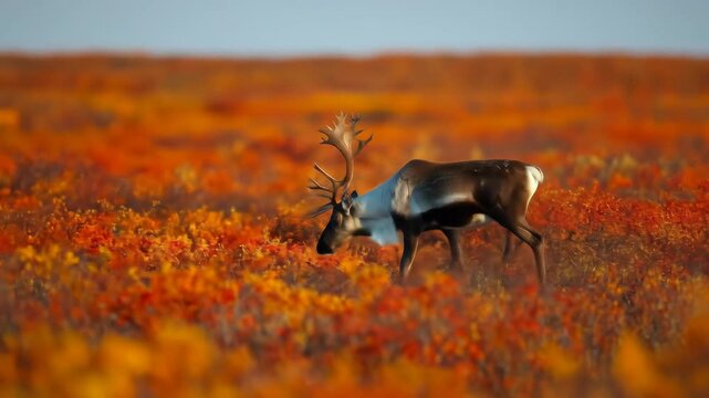 A magnificent caribou wanders across a vibrant tundra landscape, foraging through the colorful autumn foliage in its natural environment.