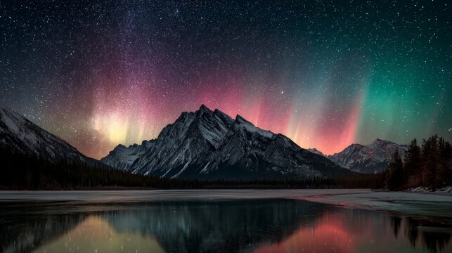 mountain peak with dark rocks and dense green forests at its foot. The night sky above it shines brightly like silver dust under the starry Milky Way, reflecting light on lake surface below