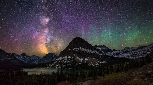 mountain peak with dark rocks and dense green forests at its foot. The night sky above it shines brightly like silver dust under the starry Milky Way, reflecting light on lake surface below