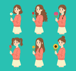 Girls Holding Flowers Cute Cartoon Style Illustration