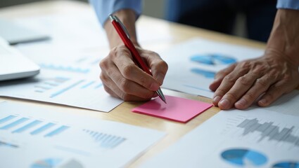 Close up of a person s hands writing on a pink sticky note surrounded by financial charts and a laptop