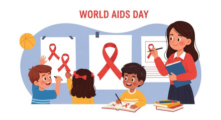 "A symbolic image representing AIDS awareness with red ribbons, medical icons, and hopeful imagery to promote education and compassion."

