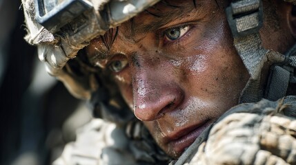 Focused caucasian male soldier in combat gear with intense gaze and weathered face