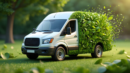 Photo of a green van covered in leaves symbolizes ecofriendly transportation