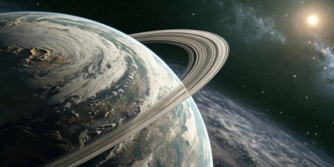 A ringed planet with swirling clouds and a bright star in the distant background