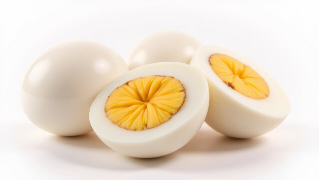 Hard Boiled Eggs: Fresh, Healthy Protein Food Cut In Half on White Background