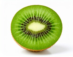 Fresh slice of kiwi fruit isolated on white background, showcasing its vibrant green, juicy flesh, and tiny black seeds, a perfect symbol of healthy tropical eating
