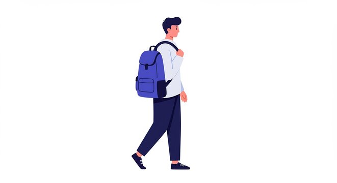 Young Male Student Walking Carrying Backpack Side Profile Flat Vector Graphic Isolated White Background Education Back To School Concept