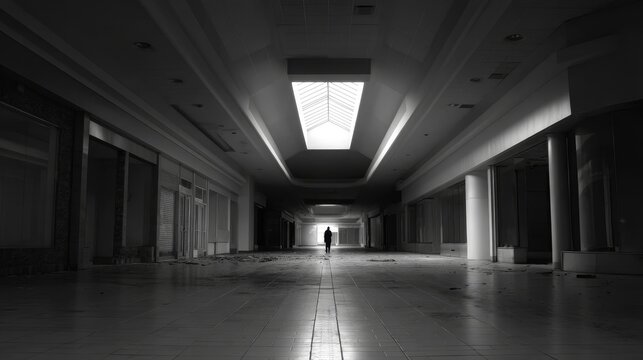 inside of an abandoned shopping mall, complete dark and black, only a man with a flashlight far away - Powered by Adobe