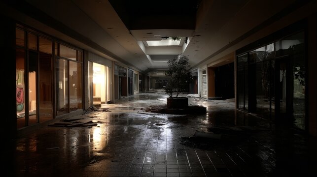 inside of an abandoned shopping mall, complete dark and black, only a man with a flashlight far away