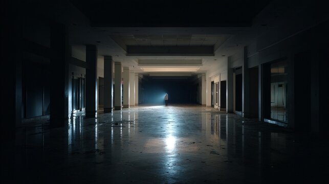 inside of an abandoned shopping mall, complete dark and black, only a man with a flashlight far away