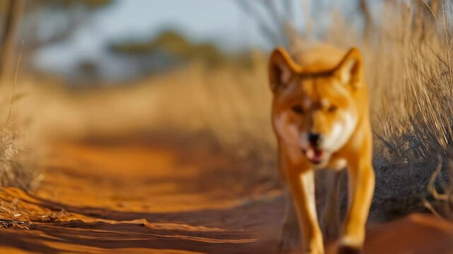 A magnificent dingo runs along a sandy path in the Australian outback, showcasing its beautiful coat and wild nature in its native habitat.