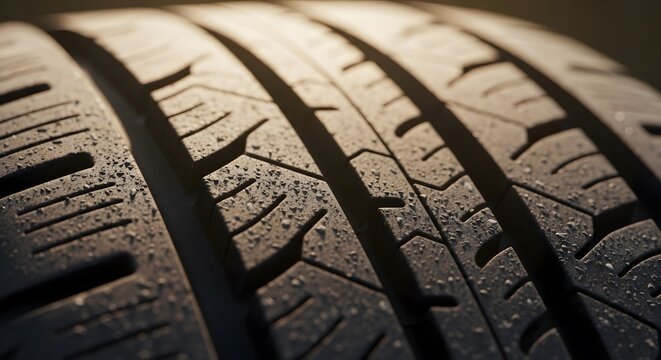 Close-up of a vehicle tire tread featuring water droplets illuminated by warm lighting. The black tire shows detailed grooves and a textured surface against a blurred background.