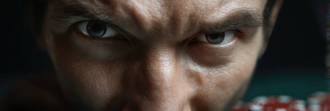 Intense gaze of young caucasian male with dice in focus
